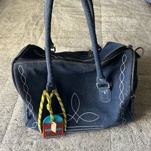 Suede Navy Blue Handbag with Boot stitch detailing
